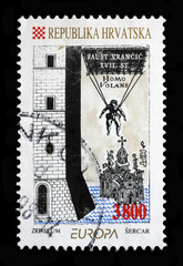 A stamp printed in Croatia shows Homo volans by Faust Vrancic, circa 1994