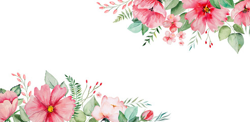 Watercolor pink flowers and green leaves border illustration