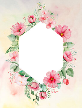 Watercolor pink flowers and green leaves frame card illustration