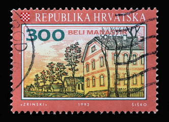 A stamp printed in Croatia shows Beli Manastir, Series Croatian Towns, circa 1992 - obrazy, fototapety, plakaty