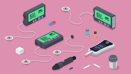 Isometric diabetes equipment set with insulin pump, glucometer, test strips, catheter, battery, reservoir, lancet and pill.