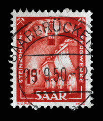 Stamp from Germany area Saar shows Coal mine interior, circa 1950