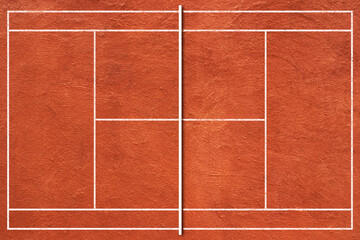 Top view of outdoor brown tennis ground court in public park. - obrazy, fototapety, plakaty