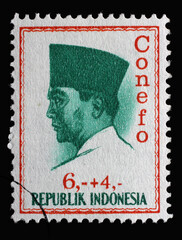 Stamp printed in Indonesia shows the first president of Indonesia Sukarno, circa 1965