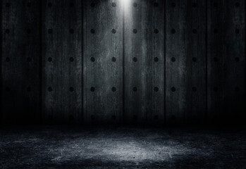 Empty space of Studio dark room concrete floor grunge texture background with spot lighting effect.