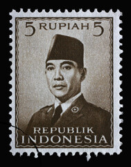 Stamp printed in Indonesia shows the first president of Indonesia Sukarno, circa 1951