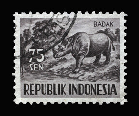 Stamp printed in Indonesia shows Sumatran Rhinoceros (Dicerorhinus sumatrensis), Fauna series,...