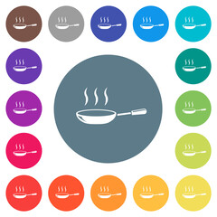 Glossy steaming frying pan flat white icons on round color backgrounds