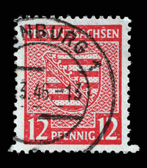 Stamp printed in Germany, Soviet Occupation of Saxony, that shows Coat of Arms of Saxony, circa 1945