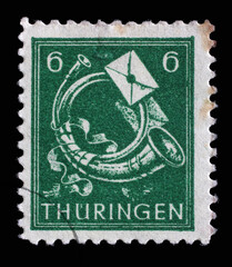 Stamp printed in Germany, Soviet Occupation of Thuringia, that shows Posthorn, circa 1945