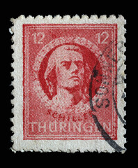 Stamp printed in Germany, Soviet Occupation of Thuringia, that shows Friedrich von Schiller, poet...