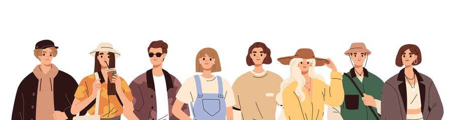 Group portrait of young modern people. Banner with happy smiling men and women on white background. Pretty male and female characters in trendy casual urban outfits. Isolated flat vector illustration