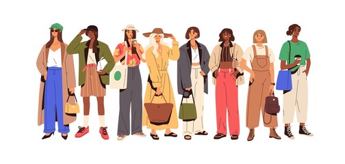 Group of fashion people in trendy outfits. Young stylish women wearing modern casual summer clothes and accessories. Colored flat graphic vector illustration of fashionable looks isolated on white