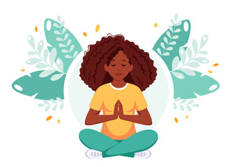 Obraz na płótnie Canvas African american woman meditating in lotus pose. Healthy lifestyle, yoga, wellbeing, relax. Vector illustration