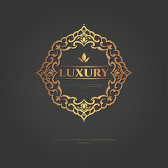 Frame with golden vector ornament on a black background. Elegant, classic elements. Can be used for jewelry, beauty and fashion industry. Great for logo, emblem, or any desired idea.