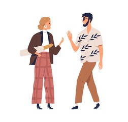 Two people meeting, greeting each other, saying and gesturing hi. Modern trendy man and woman at chance encounter. Colored flat graphic vector illustration of friends isolated on white background