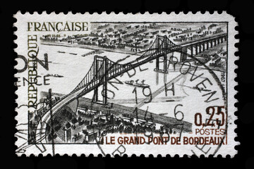 Stamp printed in the France shows image of The great bridge of Bordeaux or Pont d'Aquitaine,...