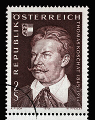 Stamp issued in the Austria shows the 125th Anniversary of the Birth of Thomas Koschat, circa 1970.