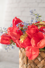 Summer or spring bouquet of daffodils and red tulips in a wicker basket located on a white background. Blossom of spring flowers.