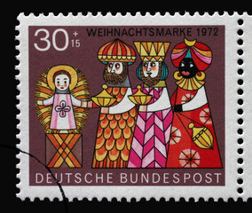 A stamp printed in Germany depicts the Three Wise Men and the Child, Christmas, circa 1972