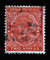 Stamp printed in India shows King George V with Indian emperor's crown, Definitives (1926-36) serie, 2 Indian anna, circa 1934