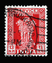 Stamp printed in India shows Lion Capital of Ashoka Pillar from Sarnath, National Emblem of India, circa 1957