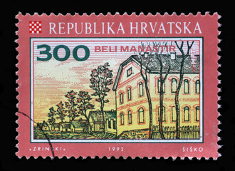 A stamp printed in Croatia shows Beli Manastir, Series Croatian Towns, circa 1992 - obrazy, fototapety, plakaty