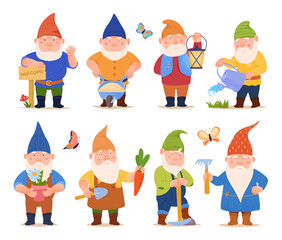 Collection cute funny garden gnomes vector flat illustration friendly fairy tail character gardener