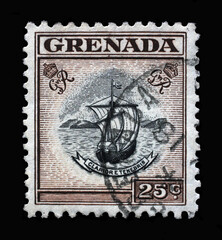 Stamp printed in Grenada shows The ship of Christopher Columbus Saint Mary of the Immaculate...