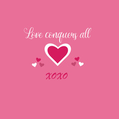 Valentine panel love conquers all outline heart with pink background pattern design