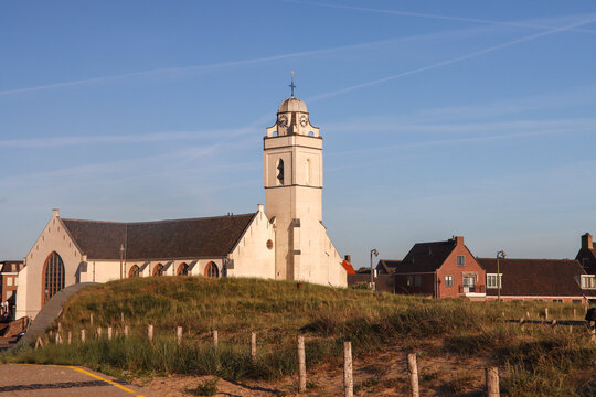 White reformed church at the dunes at Katwijk beach