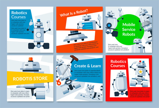 Collection robotics engineering programming banners vector flat illustration artificial intelligence