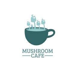 Green Mushroom coffee mug Cafe logo concept design illustration