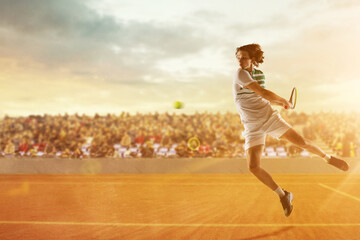 Fototapeta premium Young caucasian male tennis player playing tennis on court during match. Artwork, collage. Concept of action, sport concept