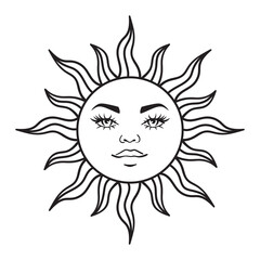 Bohemian illustration, celestial vintage design, sun with face, stylized drawing, tarot card. Mystical element