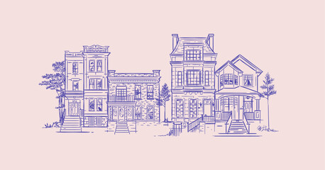 House illustration old fashioned blue lines