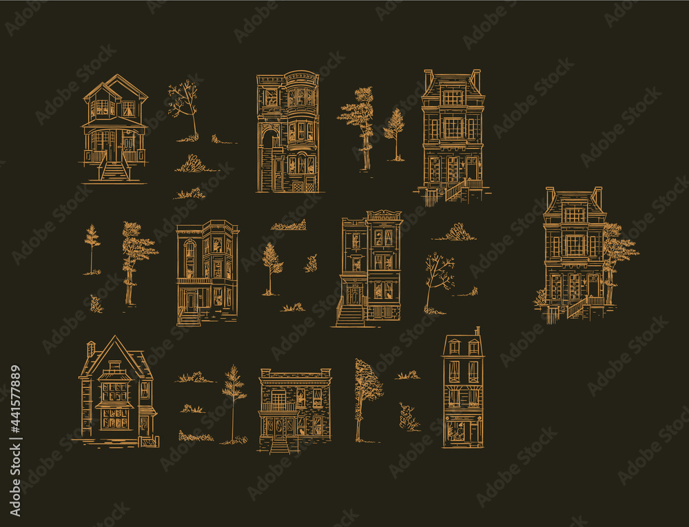 Wall mural Houses and trees vintage style brown color