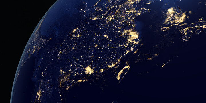 View of China at night in the earth planet rotating from space