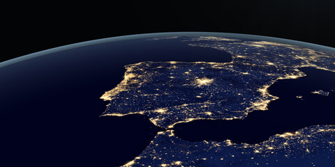 Iberian Peninsula at night in the earth planet rotating from space - obrazy, fototapety, plakaty