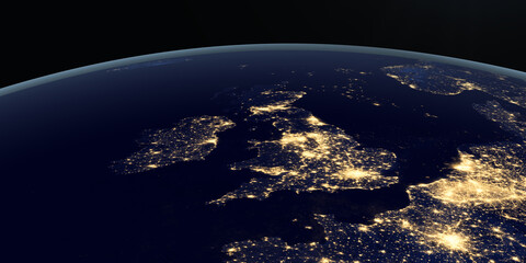 United Kingdom at night in the earth planet rotating from space - Powered by Adobe
