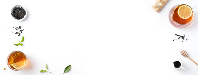 Design concept top view of honey black tea with lemon and mint.