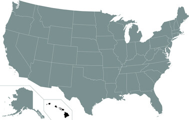 Black highlighted location map of the US Federal State of Hawaii inside gray map of the United States of America