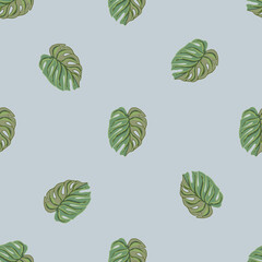 Seamless pattern with doodle monstera ornament print. Blue background. Green ornamental botany print.