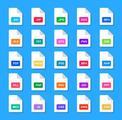 Set of file formats icons. File type icons. Format of documents and files extension for ui. Vector illustration.