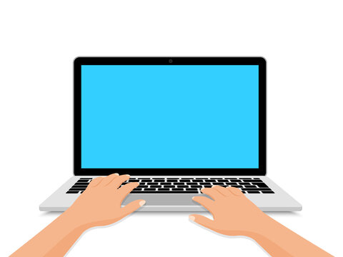Laptop and hands typing on keyboard. Human working on laptop. Notebook blank screen for text space. Workplace. Vector illustration.