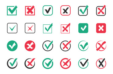 Check mark icon set. Green check marks and red crosses. Tick and cross icons. Accepted or rejected, true or false, right or wrong, yes or no signs. Checkbox icons. Vector illustration.