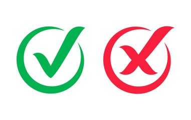 Check mark icons. Green check mark and red cross. Tick and cross icons. Accepted or rejected, true or false, right or wrong, yes or no signs. Checkbox icons. Vector illustration.