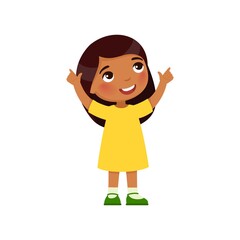 Little  Indian girl looks up and shows her fingers up. Dark skin cartoon character isolated on white background. Flat vector color illustration.