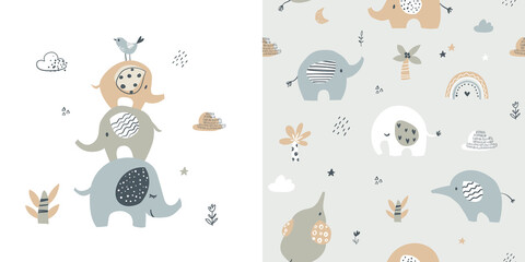 Cute elephant card and seamless pattern for baby shower decor, nursery print,  kids apparel,  wrapping paper, fabric, and textile. Vector illustration. - obrazy, fototapety, plakaty
