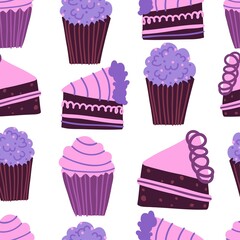 cute seamless pattern with cupcakes and pieces of birthday cake. colorful vector illustration isolated on white background. design for fabric, background, paper packaging.